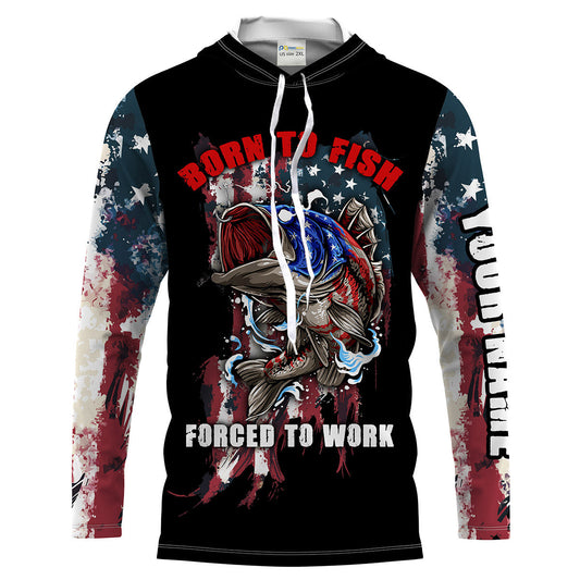 Bluejose Mens Funny Fishing Shirt "Born To Fish - Forced To Work" Us Flag /  Long Sleeves