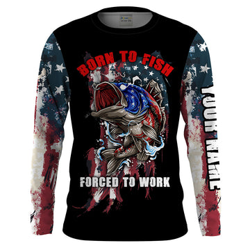Bluejose Mens Funny Fishing Shirt "Born To Fish - Forced To Work" Us Flag /  Long Sleeves