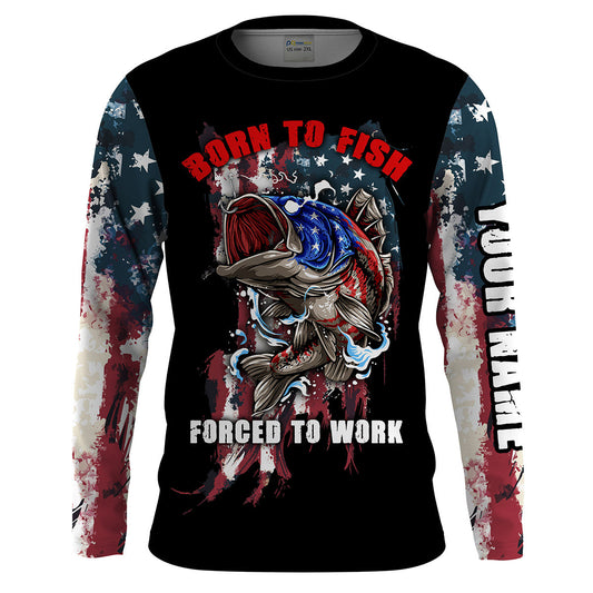 Bluejose Mens Funny Fishing Shirt "Born To Fish - Forced To Work" Us Flag /  Long Sleeves