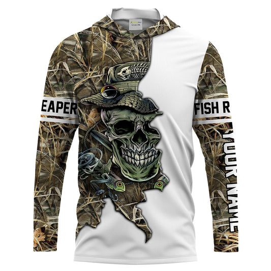 BlueJose Halloween Fishing Fish Grim Reaper Skull Custom Name Long Sleeve Shirts