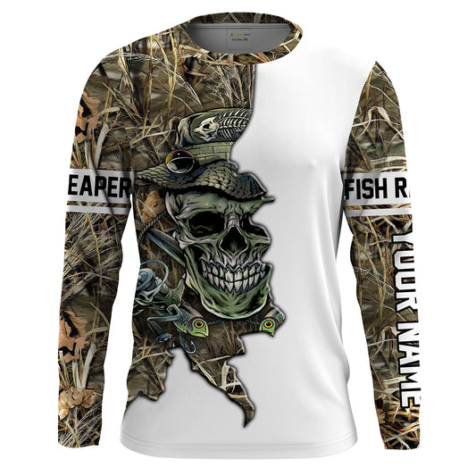 BlueJose Halloween Fishing Fish Grim Reaper Skull Custom Name Long Sleeve Shirts