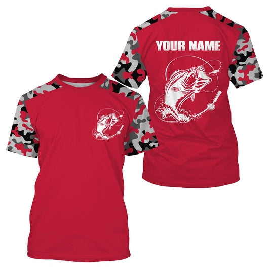 BlueJose Custom Name Bass Fishing Camouflage Red Performance Fishing Shirt