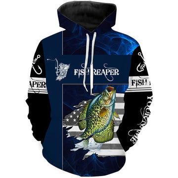 BlueJose Fish Reaper Crappie Fishing American Flag Customize Name  3D Hoodie
