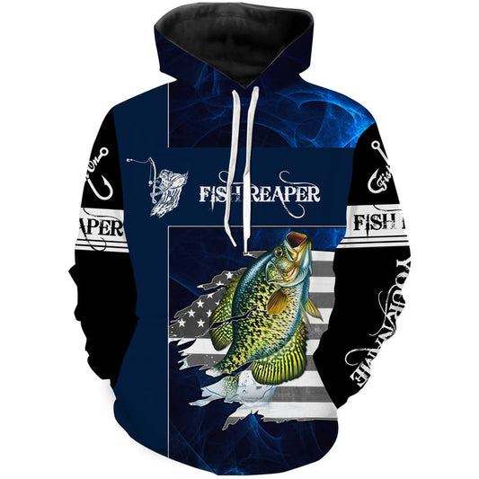 BlueJose Fish Reaper Crappie Fishing American Flag Customize Name  3D Hoodie