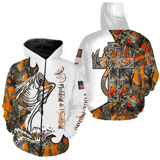 BlueJose Fishing And Hunting Deer And Bass Camo 3D Hoodie