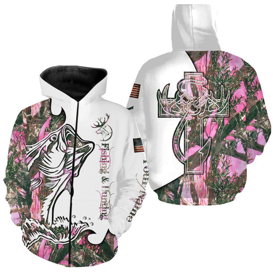 BlueJose Fishing And Hunting Deer And Bass Pink Camo 3D Hoodie