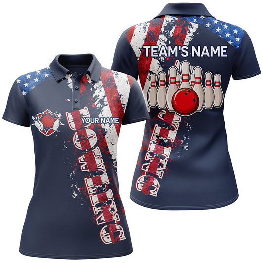 BlueJose Patriotic Bowling American Flag Pattern Premium Customized Name 3D Shirt For Women