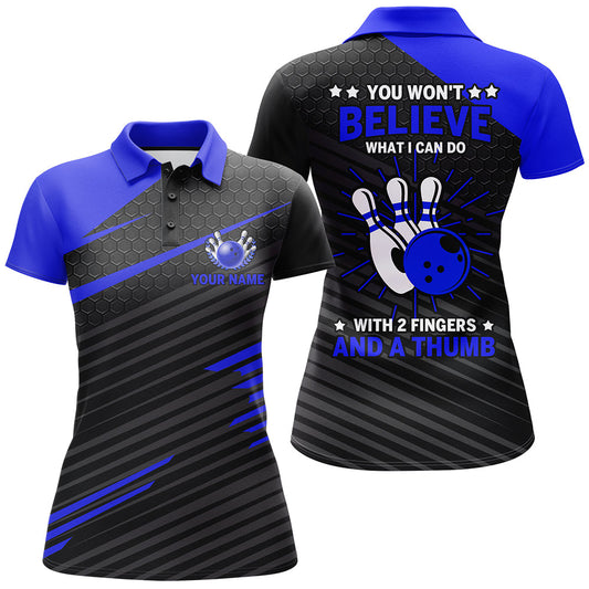 BlueJose Ladies Blue & Black Bowling With 2 Fingers and A Thumb Premium Customized Name 3D Shirt For Women
