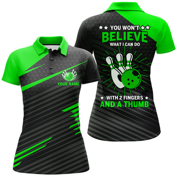 BlueJose Ladies Green & Black Bowling With 2 Fingers and A Thumb Premium Customized Name 3D Shirt For Women