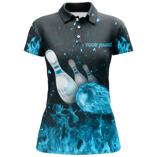 BlueJoses Strike Bowling Cyan Flames Personalized All Over Printed Shirt For Women