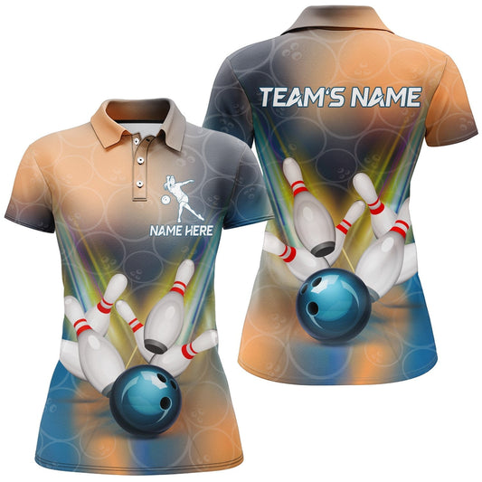 BlueJose Bowling Blue Ball Multicolor Pattern Premium Customized Name 3D Shirt For Women
