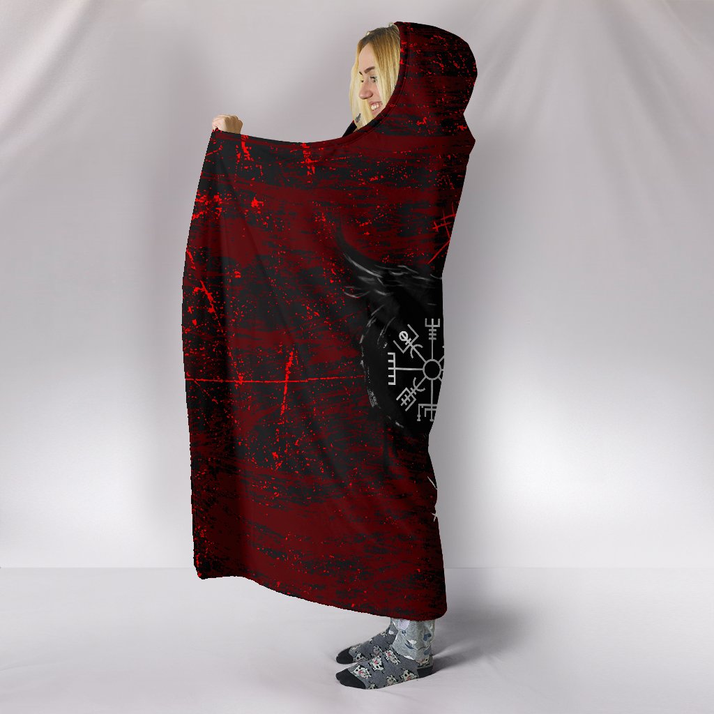 Viking Style - Hooded Blanket Raven of Odin and Symbol Viking on Blood Background A27