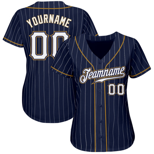 BlueJose Custom Navy White Pinstripe White-Old Gold Authentic Baseball Jersey