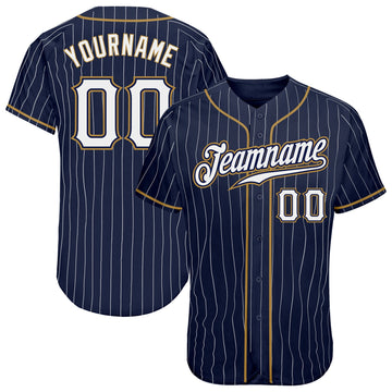 BlueJose Custom Navy White Pinstripe White-Old Gold Authentic Baseball Jersey