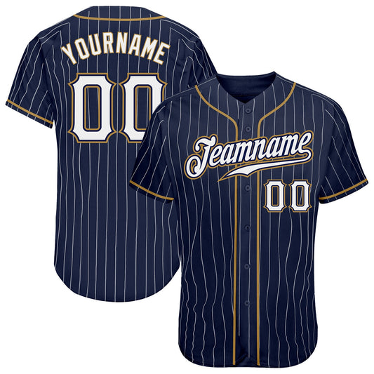 BlueJose Custom Navy White Pinstripe White-Old Gold Authentic Baseball Jersey
