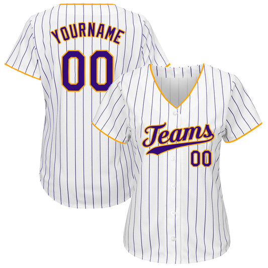 BlueJose Custom White Purple Pinstripe Purple-Gold Authentic Baseball Jersey
