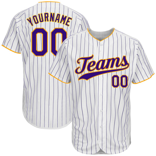 BlueJose Custom White Purple Pinstripe Purple-Gold Authentic Baseball Jersey