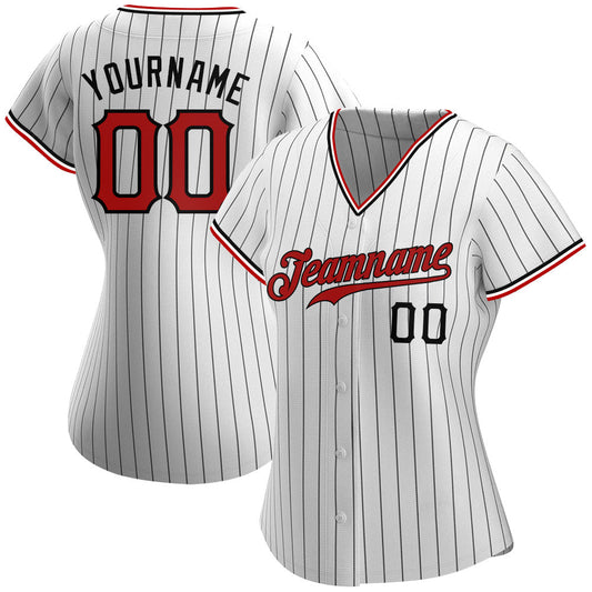 BlueJose Custom White Black Pinstripe Red-Black Authentic Baseball Jersey