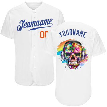 BlueJose Custom White Royal-Orange Skull Fashion Baseball Jersey