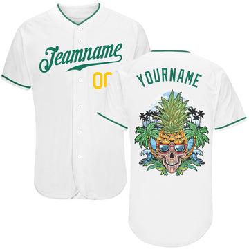 BlueJose Custom White Kelly Green-Gold Authentic Skull Pineapple Head Baseball Jersey