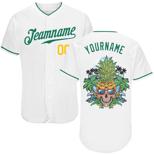 BlueJose Custom White Kelly Green-Gold Authentic Skull Pineapple Head Baseball Jersey
