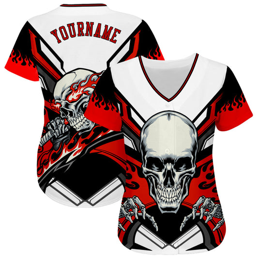 BlueJose Custom White Red-Black 3D Skull Baseball Jersey