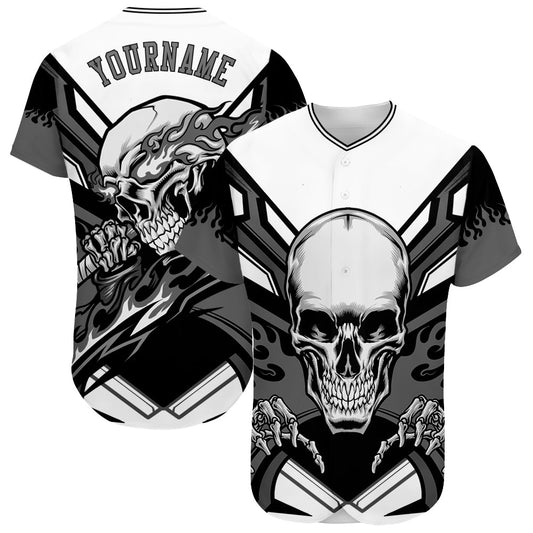 BlueJose Custom White Gray-Black 3D Skull Baseball Jersey