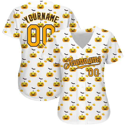 BlueJose Custom White Gold-Black 3D Pattern Design Halloween Pattern With Pumpkins Baseball Jersey