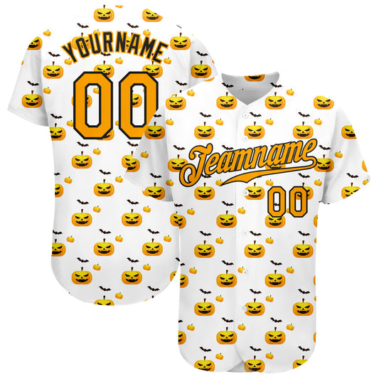 BlueJose Custom White Gold-Black 3D Pattern Design Halloween Pattern With Pumpkins Baseball Jersey