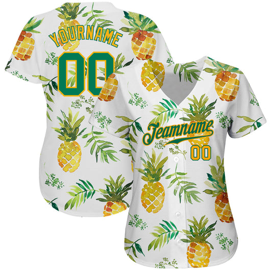 BlueJose Custom White Kelly Green-Gold 3D Pattern Design Pineapples Authentic Baseball Jersey