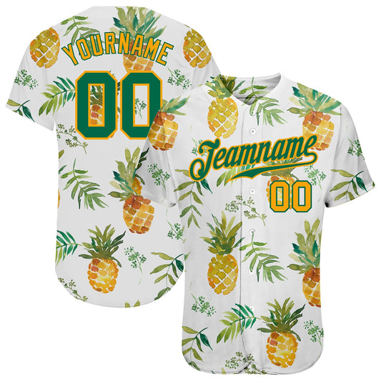 BlueJose Custom White Kelly Green-Gold 3D Pattern Design Pineapples Authentic Baseball Jersey