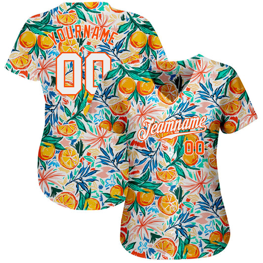 BlueJose Custom White White-Orange 3D Pattern Design Fruits Authentic Baseball Jersey